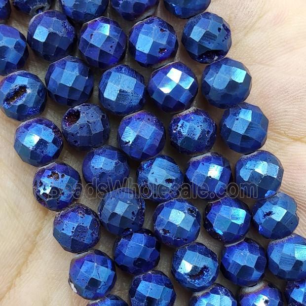 Blue Agate Druzy Geode Beads Faceted Round Electroplated