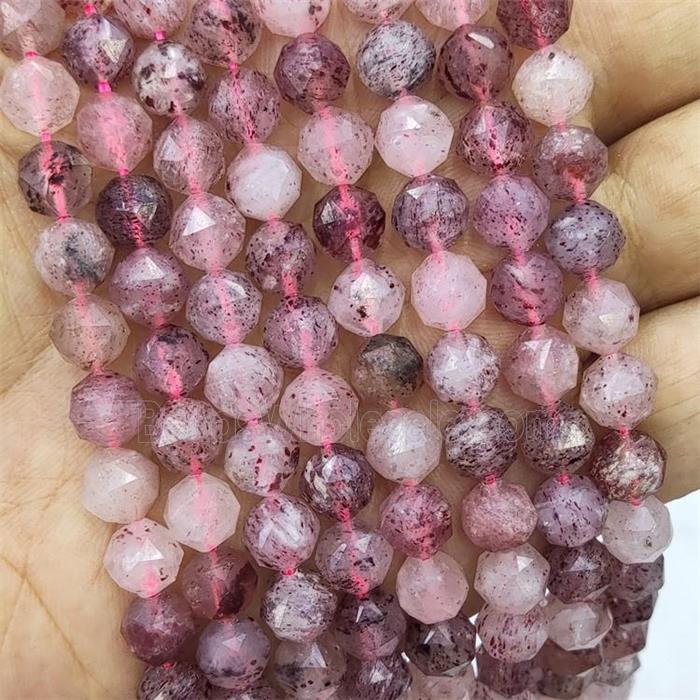 Natural Strawberry Quartz Beads Pink Round Diamond Cut