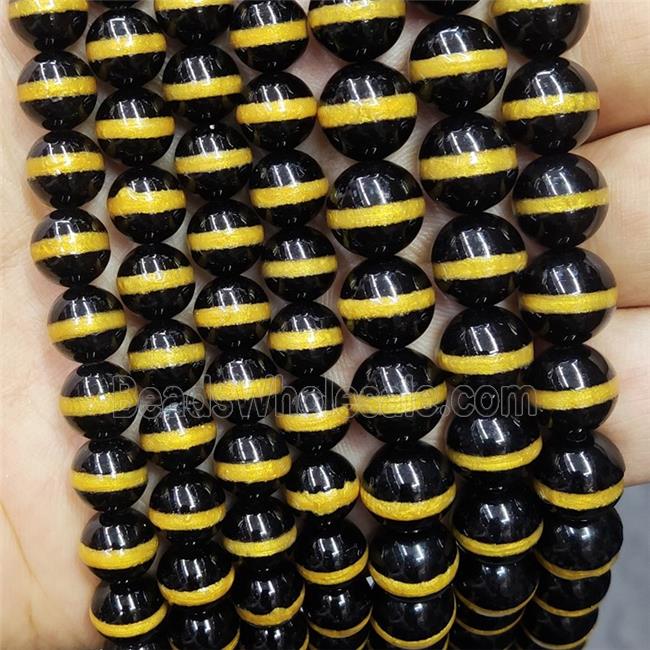 Black Tibetan Style Agate Beads Smooth Round Gold Line