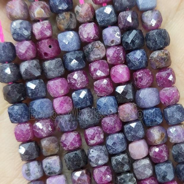 Natural Sapphire And Ruby Beads Faceted Cube