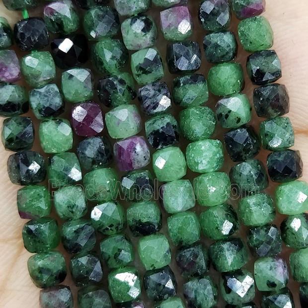Natural Ruby In Zoisite Beads Green Faceted Cube