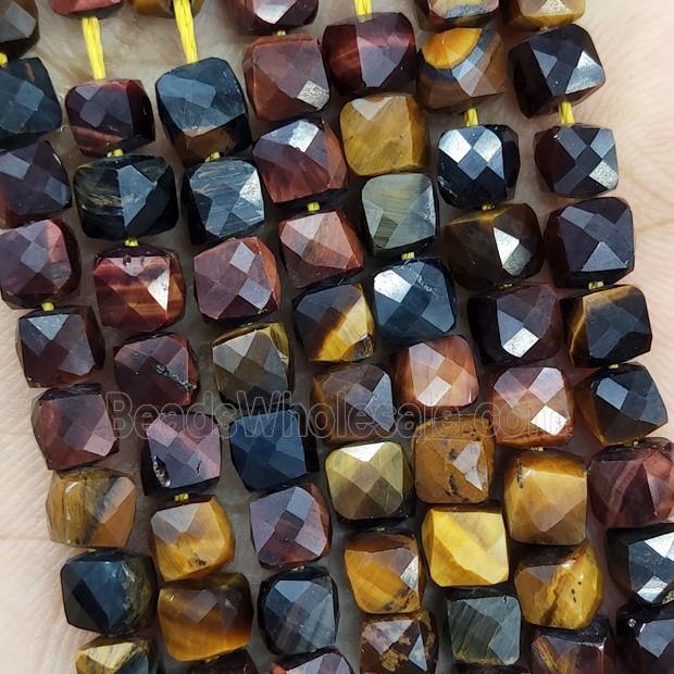 Natural Tiger Eye Stone Beads Multicolor Faceted Cube