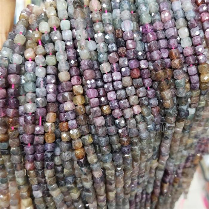 Natural Corundum Beads Multicolor Faceted Cube