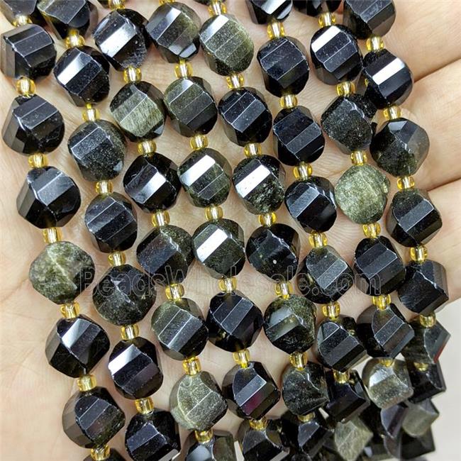 Natural Obsidian Twist Beads S-Shape Faceted Gold Flash