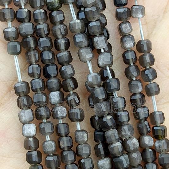 Natural Obsidian Beads Silver Flash Faceted Cube