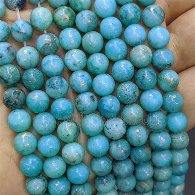 Natural Marble Round Beads Pave Gold Foil Smooth Blue Dye 
