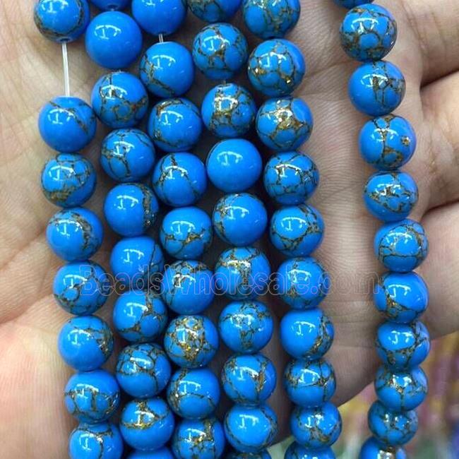 Synthetic Blue Turuqoise Beads With Golden Line Smooth Round