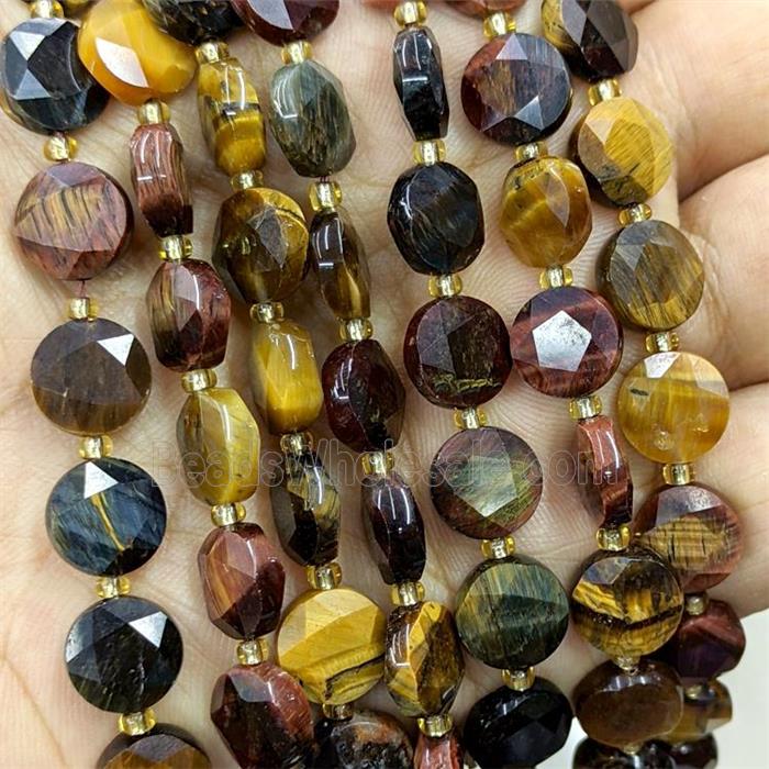 Tiger Eye Stone Beads Multicolor Faceted Coin