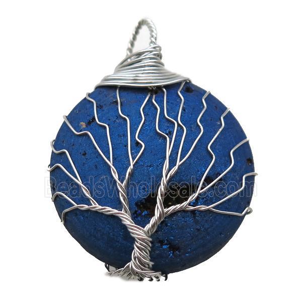 blue Agate Druzy circle pendant wire warpped tree of life