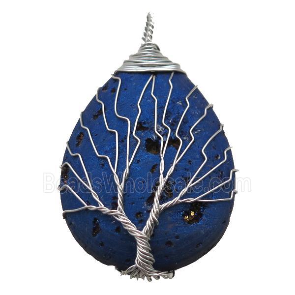 blue electroplated Agate Druzy teardrop pendant wire warpped tree of life