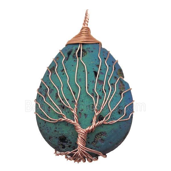 green electroplated Agate Druzy teardrop pendant wire warpped tree of life