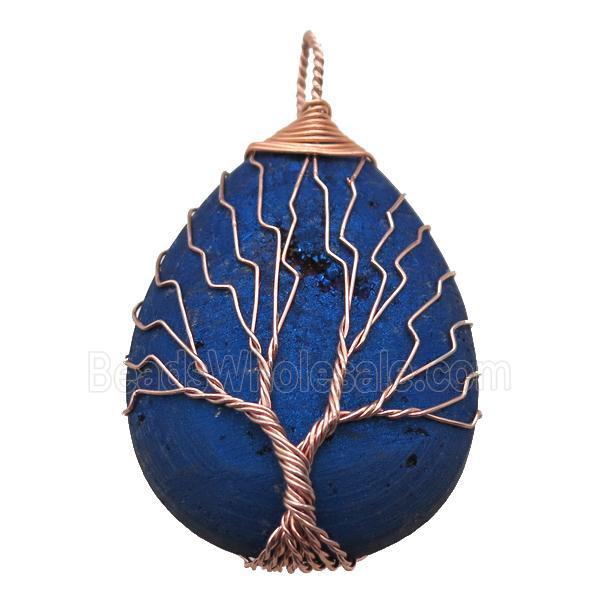 blue electroplated Agate Druzy teardrop pendant wire warpped tree of life