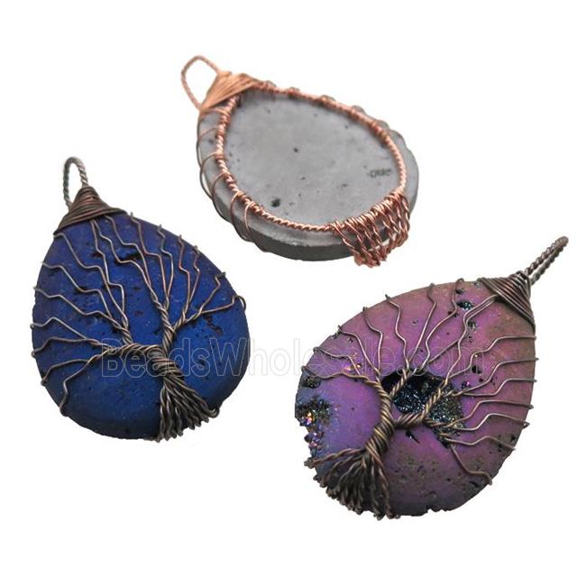 Agate Druzy teardrop pendant wire warpped tree of life, mixed color