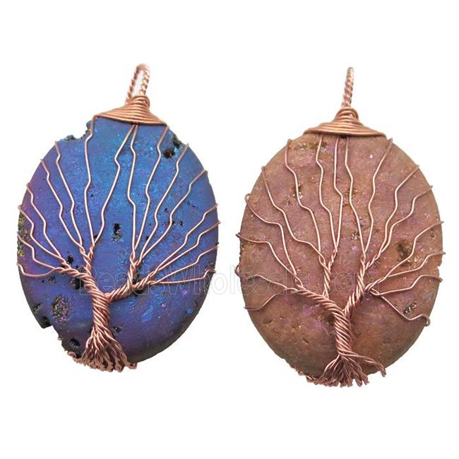 mixed Agate Druzy oval pendant wire warpped tree of life, rose gold