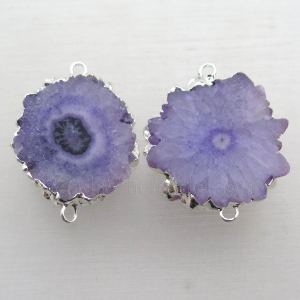 purple Solar Quartz Druzy slab connector, freeform, silver plated