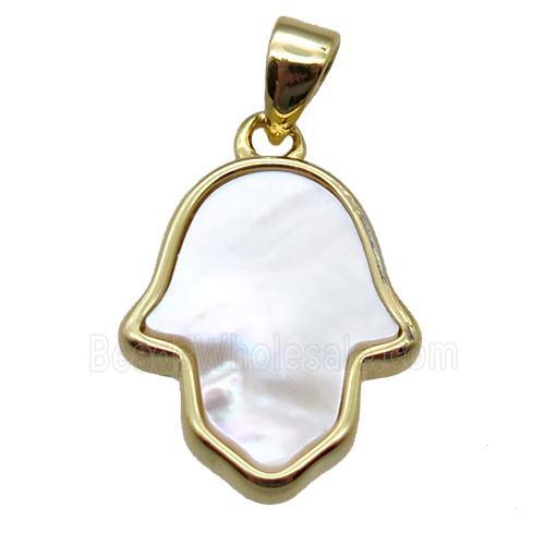 white Pearlized Shell hamsahand pendant, gold plated
