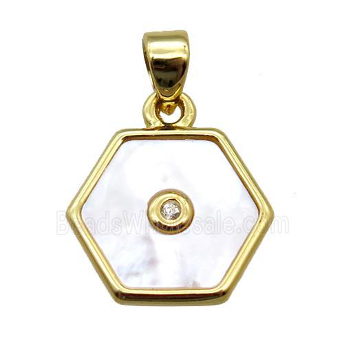 white Pearlized Shell hexagon pendant, gold plated