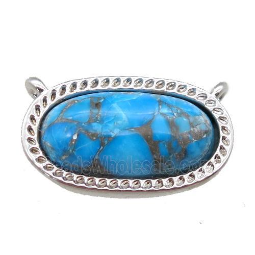 blue Turquoise pendant with 2loops, oval, platinum plated