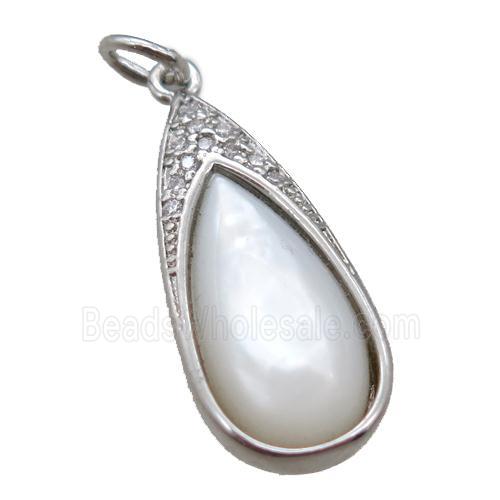 white Pearlized Shell pendant, teardrop, platinum plated