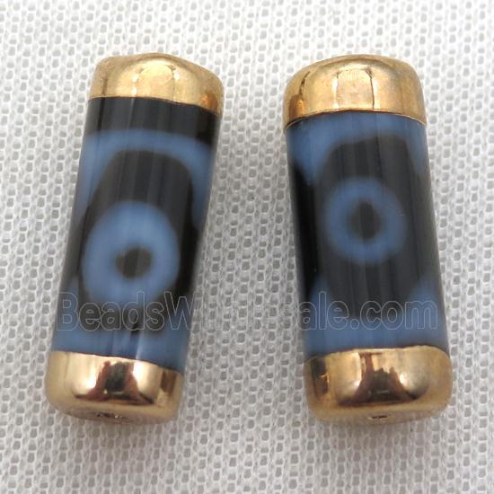 black tibetan Dzi Beads tube beads, eye, gold plated