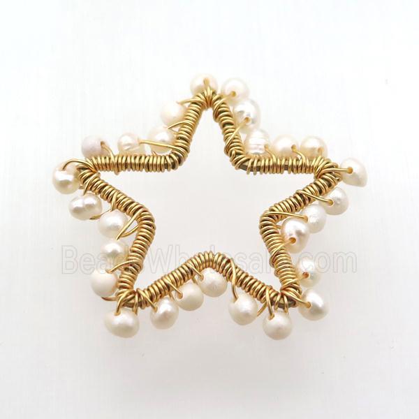 copper star pendant with white crystal glass, wire wrapped, gold plated