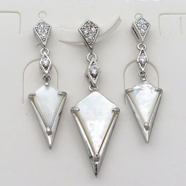 copper Stud Earrings and pendant pave zircon with white pearlized shell, platinum plated