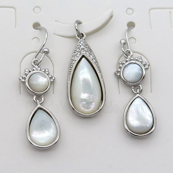 copper Hook Earrings and pendant pave zircon with white pearlized shell, platinum plated