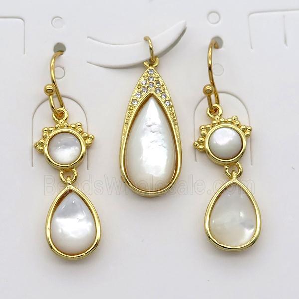 copper Hook Earrings and pendant pave zircon with white pearlized shell, gold plated