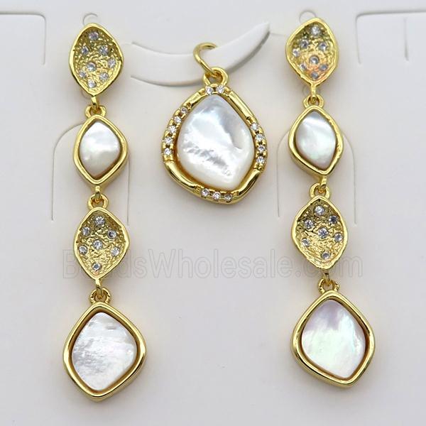 copper Stud Earrings and pendant pave zircon with Pearlized shell, gold plated