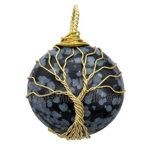 Snowflake Jasper pendant with wire wrapped, tree of life, gold plated
