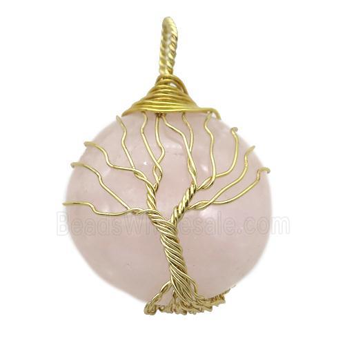Rose Quartz pendant with wire wrapped, tree of life, gold plated
