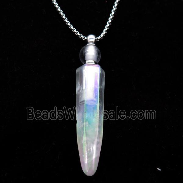 Clear Quartz perfume bottle Necklace, electroplated, bullet