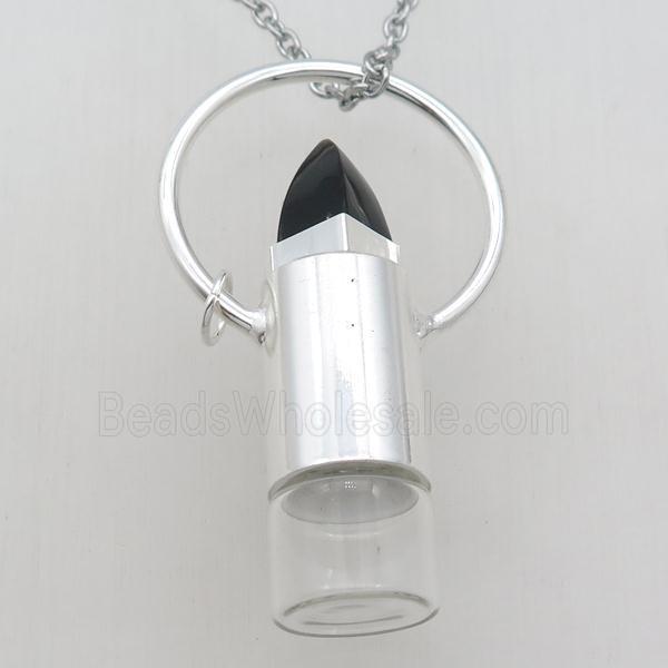 copper perfume bottle Necklace with onyx, shinny silver plated