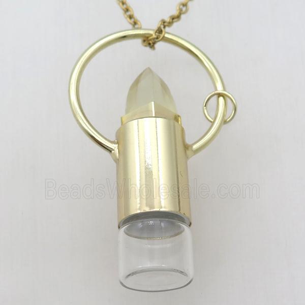 copper perfume bottle Necklace with lemon quartz, gold plated