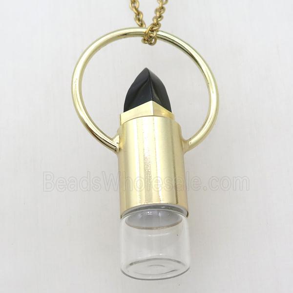 copper perfume bottle Necklace with black onyx, gold plated