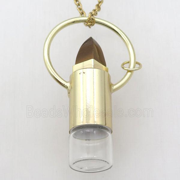 copper perfume bottle Necklace with tiger eye stone, gold plated