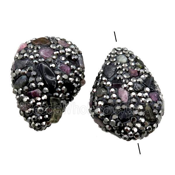 Clay Beads paved rhinestone with Tourmaline, teardrop