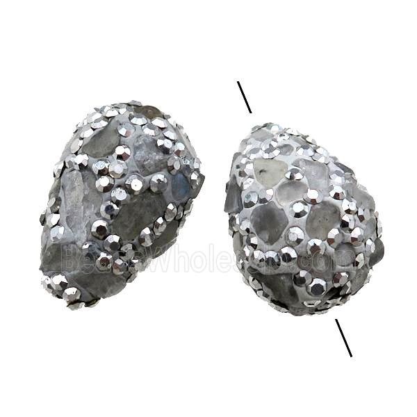 Clay Beads paved rhinestone with Labradorite, teardrop