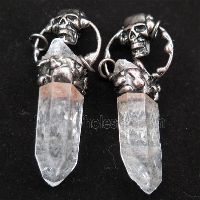 Crystal Quartz stick pendant with skull, antique red