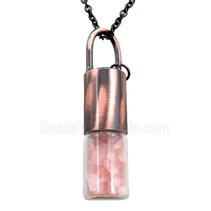 copper perfume bottle Necklace with rose quartz, antique red