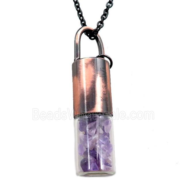 copper perfume bottle Necklace with amethyst, antique red