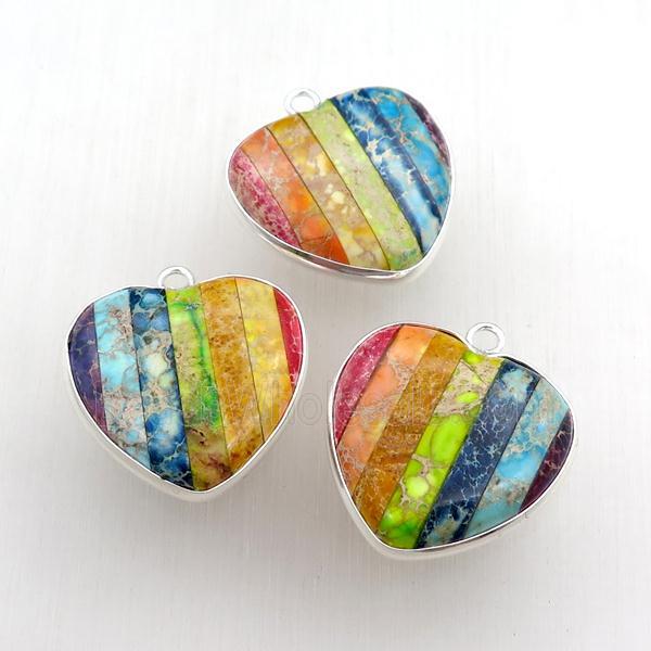 multicolor Imperial Jasper Chakra Pendant, heart, silver plated