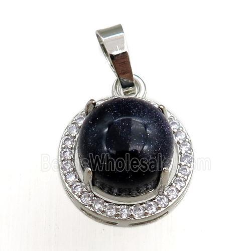 black onyx agate pendant paved rhinestone, circle, platinum plated