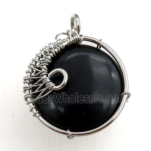 black onyx agate pendant, circle, wire wrapped