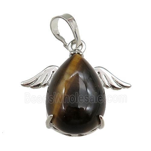 tiger eye stone angel pendant, platinum plated