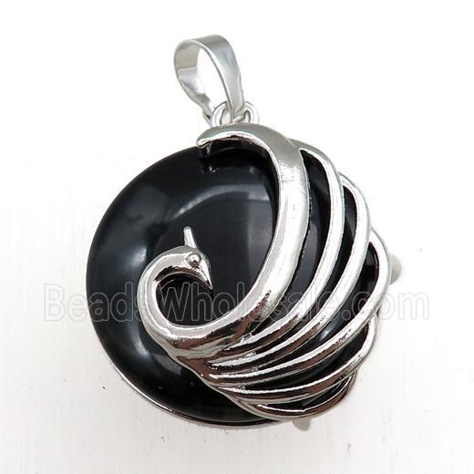 black onyx agate circle pendant with phoenix