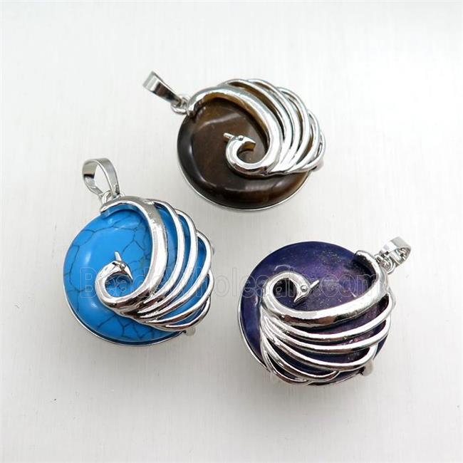 mixed gemstone circle pendant with phoenix