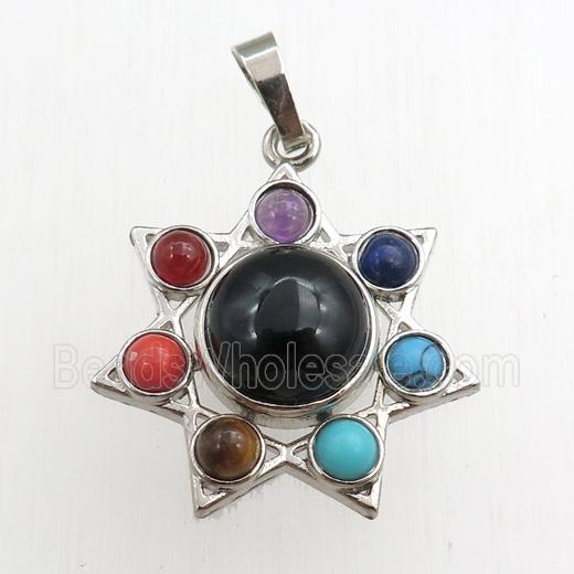black onyx agate chakra pendant, platinum plated