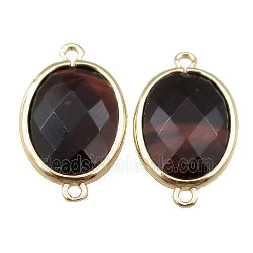 red Tiger eye stone connector, faceted oval, gold plated