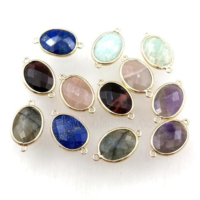 mixed Gemstone connector, faceted oval, gold plated